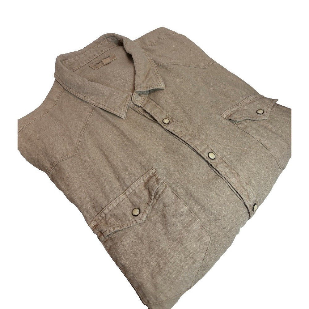 Lucky Brand 100% Linen Long Sleeve Pearl Snap Shirt Men's 2XL Beige Camp Beach